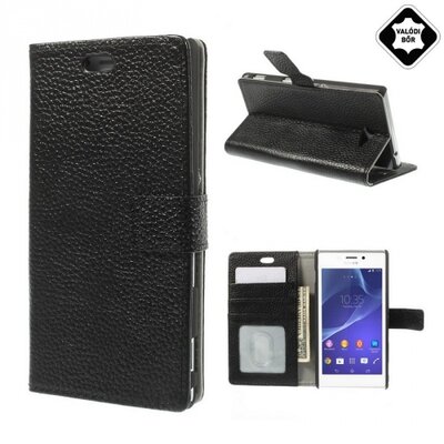 Telefontok álló, valódi bőr (flip, oldalra nyíló, asztali tartó funkció) Fekete [Sony Xperia M2 (D2303)]