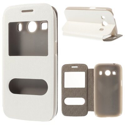 Telefontok álló, bőr hatású (flip, oldalra nyíló, asztali tartó funkció, hívókijelzés, Dual View Window, érdes felület) Fehér [Samsung Galaxy Ace 4 LTE (SM-G357FZ)]