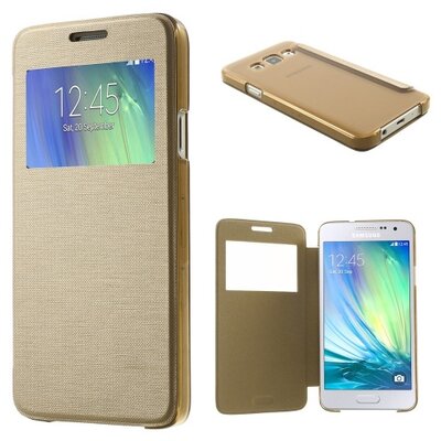 Műanyag telefontok (bőr flip, oldalra nyíló, S-View cover, szálcsiszolt mintázat) Arany [Samsung Galaxy A3 (SM-A300F)]