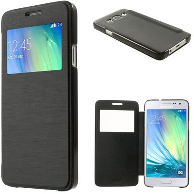 Műanyag telefontok (bőr flip, oldalra nyíló, S-View cover, szálcsiszolt mintázat) Fekete [Samsung Galaxy A3 (SM-A300F)]