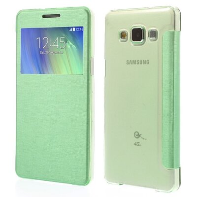 Műanyag telefontok (bőr flip, oldalra nyíló, View Window, szálcsiszolt mintázat) Zöld [Samsung Galaxy A5 (SM-A500F)]