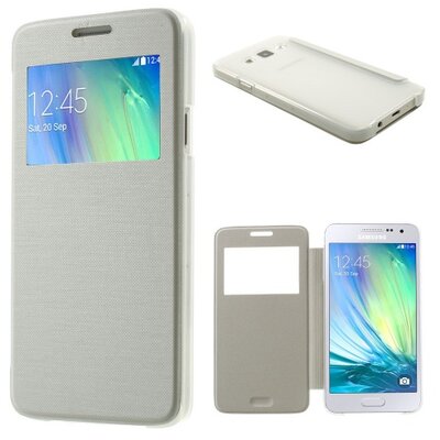 Műanyag telefontok (bőr flip, oldalra nyíló, S-View cover, szálcsiszolt mintázat) Fehér [Samsung Galaxy A3 (SM-A300F)]