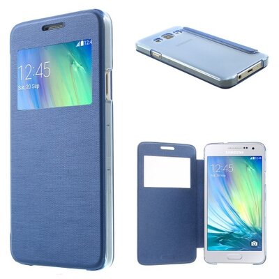 Műanyag telefontok (bőr flip, oldalra nyíló, S-View cover, szálcsiszolt mintázat), Kék [Samsung Galaxy A3 (SM-A300F)]