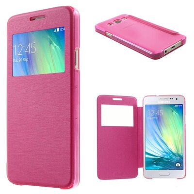 Műanyag telefontok (bőr flip, oldalra nyíló, S-View cover, szálcsiszolt mintázat) Magenta [Samsung Galaxy A3 (SM-A300F)]