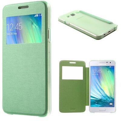 Műanyag telefontok (bőr flip, oldalra nyíló, S-View cover, szálcsiszolt mintázat) Zöld [Samsung Galaxy A3 (SM-A300F)]