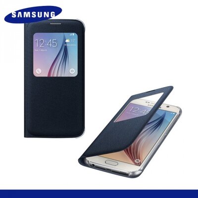 Samsung EF-CG920BBEGWW gyári telefontok álló (FLIP, oldalra nyíló, szövetminta, S-view cover) fekete [Samsung Galaxy S6 (SM-G920)]