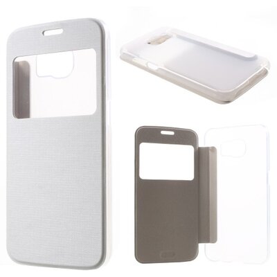 Műanyag telefontok (bőr flip, oldalra nyíló, átlátszó hátlap, S-View Cover, szálcsiszolt mintázat) Fehér [Samsung Galaxy S6 (SM-G920)]