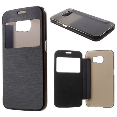 Műanyag telefontok (bőr flip, oldalra nyíló, átlátszó hátlap, S-View Cover, szálcsiszolt mintázat) Fekete [Samsung Galaxy S6 (SM-G920)]