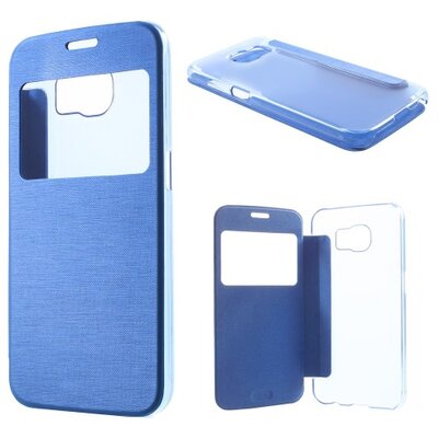 Műanyag telefontok (bőr flip, oldalra nyíló, átlátszó hátlap, S-View Cover, szálcsiszolt mintázat), Kék [Samsung Galaxy S6 (SM-G920)]