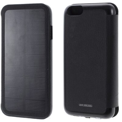 Műanyag telefontok (FLIP, bőrhátlap, napelemes vésztöltő, powerbank, beépített 2800 mAh LI-Ion akku) fekete [Apple iPhone 6 4.7", iPhone 6S 4.7"]