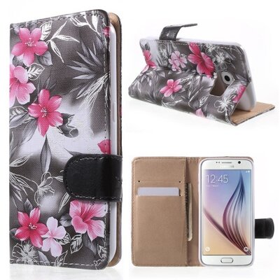 Telefontok álló, bőr hatású (flip, mágneses, oldalra nyíló, asztali tartó funkció, rózsaszín virágminta) Szürke [Samsung Galaxy S6 (SM-G920)]