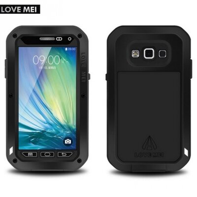 Love mei LOVE MEI Powerful defender elő- és hátlapvédő telefontok, gumi (ütésálló, Gorilla Glass üveg, fém keret) Fekete [Samsung Galaxy A3 (SM-A300F)]
