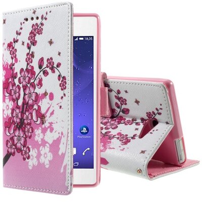 Telefontok álló, bőr hatású (flip, oldalra nyíló, asztali tartó funkció, virágminta) Fehér [Sony Xperia M2 Aqua (D2403)]