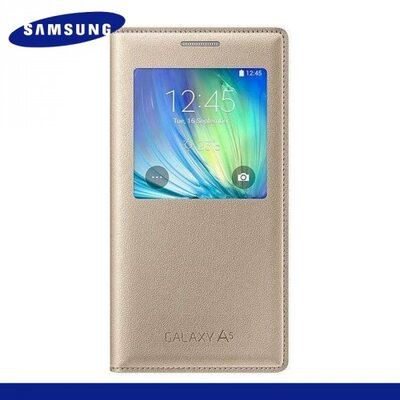 Samsung EF-CA500BFEGWW gyári telefontok álló, bőr (FLIP, oldalra nyíló, hívószámkijelzés, S-View Cover, NANOPAD szerű készülék rögzítés) Arany [Samsung Galaxy A5 (SM-A500F