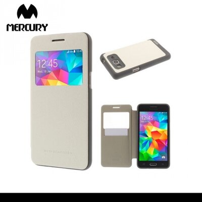 Mercury Wow Bumper Telefontok álló, bőr (FLIP, oldalra nyíló, S-View cover, textilminta) Fehér [Samsung Galaxy Grand Prime (SM-G530F), Galaxy Grand Prime 2015 (SM-G5