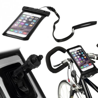 Telefon tartó kerékpár / bicikli (360°-ban forgatható, kormányra rögzíthető, 10m-ig vízálló, Iphone 6 Plus méret) FEKETE