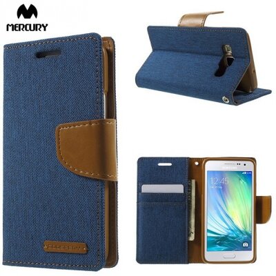 Mercury Canvas Diary Telefontok álló (FLIP, mágneses, oldalra nyíló, asztali tartó funkció, textil hatás), Kék [Samsung Galaxy A3 (SM-A300F)]