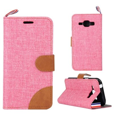 Telefontok álló, textil (flip, mágneses, oldalra nyíló, asztali tartó funkció) Rózsaszín / Barna [Samsung Galaxy J1 (SM-J100)]