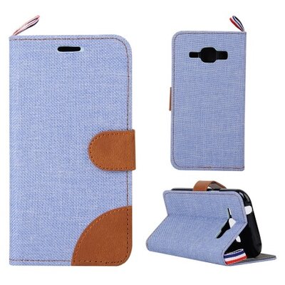 Telefontok álló, textil (flip, mágneses, oldalra nyíló, asztali tartó funkció) Világoskék / Barna [Samsung Galaxy J1 (SM-J100)]