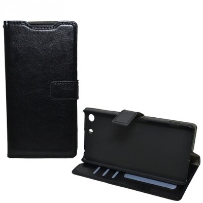 Telefontok álló, bőr hatású (flip, oldalra nyíló, asztali tartó funkció) Fekete [Sony Xperia M5]