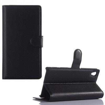 Telefontok álló, bőr hatású (flip, oldalra nyíló, asztali tartó funkció) Fekete [Sony Xperia Z5]