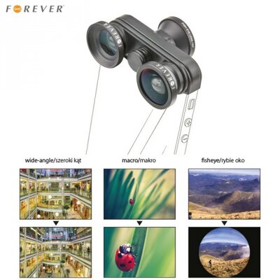 Forever SL-210 FOREVER Objektív, csíptethető, 4 féle kameralencse (első, hátsó halszem optika, széles látószög, makró) FEKETE [Apple iPhone 5, iPhone 5S, iPho