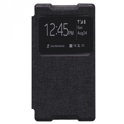 Telefontok álló, bőr hatású (flip, oldalra nyíló, S-View Cover) Fekete [Sony Xperia Z5 Compact]