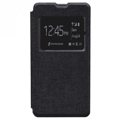 Telefontok álló, bőr hatású (flip, oldalra nyíló, S-View Cover) Fekete [Sony Xperia M5]