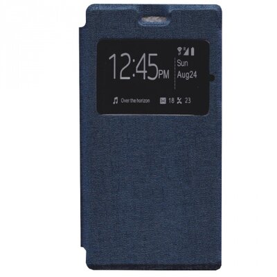 Telefontok álló, bőr hatású (flip, oldalra nyíló, S-View Cover) Sötétkék [Sony Xperia M5]