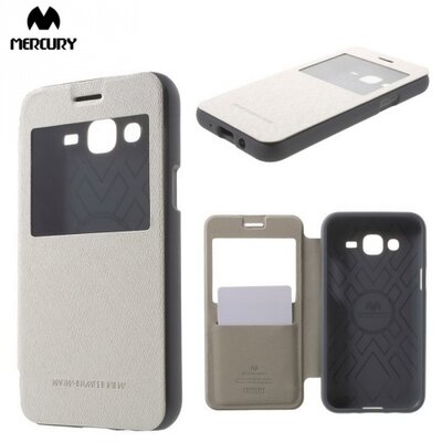 Mercury Wow Bumper Telefontok álló, bőr (flip, oldalra nyíló, S-View cover, textilminta) Fehér [Samsung Galaxy J5 (SM-J500)]