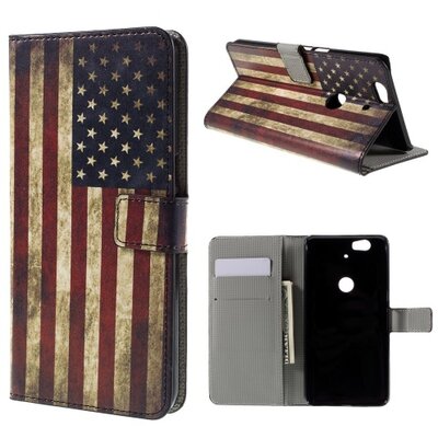 Telefontok álló, bőr hatású (flip, oldalra nyíló, asztali tartó funkció, zászlóminta) USA [Huawei Nexus 6P]