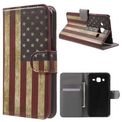 Telefontok álló, bőr hatású (flip, oldalra nyíló, asztali tartó funkció, zászlóminta) USA [Samsung Galaxy J2 (SM-J200)]