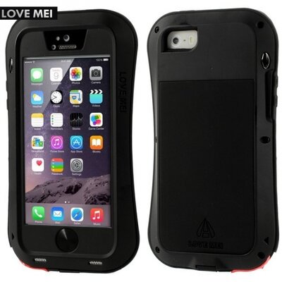 Love mei LOVE MEI Powerful defender elő- és hátlapvédő telefontok, gumi (ütésálló, Gorilla Glass üveg, fém keret) fekete [Apple iPhone 5, iPhone 5S, iPhone SE]