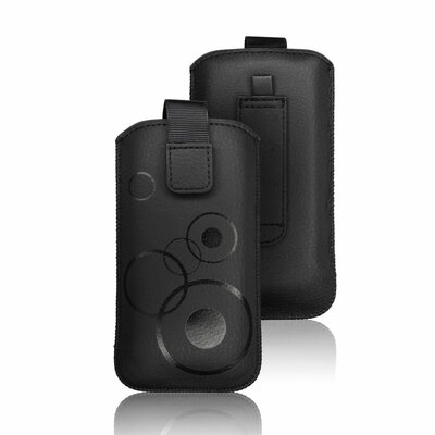 Forcell Deko univerzális álló kihúzós bőr hatású telefontok (készülék kiemelő funckió, tépőzáras, övre fűzhető) 130 x 77 mm, Fekete
