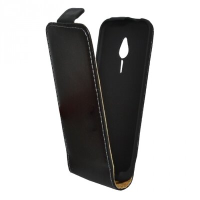 Telefontok álló, bőr hatású (FLIP, mágneses, lefelé nyíló, szilikon tartó) fekete [Nokia 230]
