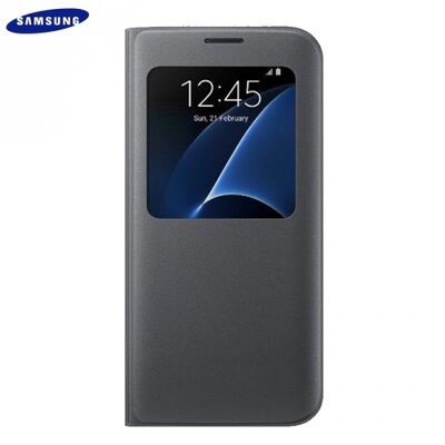 Samsung EF-CG935PBEGWW gyári telefontok álló, bőr (FLIP, oldalra nyíló, S-View Cover) fekete [Samsung Galaxy S7 EDGE (SM-G935)]
