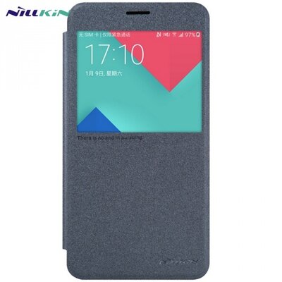 Nillkin Sparkle műanyag telefontok (mikroszálas bőr flip, oldalra nyíló, hívószámkijelzés, S-View Cover) Fekete [Samsung Galaxy A9 (2016) (SM-A910)]