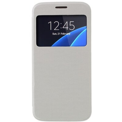 Műanyag telefontok (bőr flip, oldalra nyíló, View Window, szálcsiszolt mintázat) Fehér [Samsung Galaxy S7 (SM-G930)]