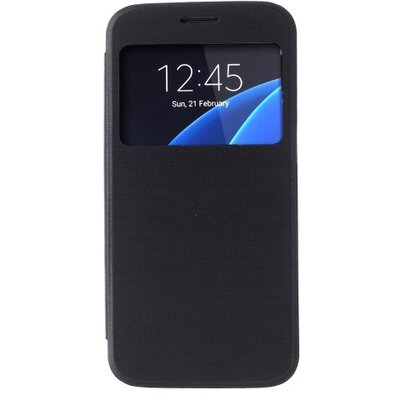 Műanyag telefontok (bőr flip, oldalra nyíló, View Window, szálcsiszolt mintázat) Fekete [Samsung Galaxy S7 (SM-G930)]