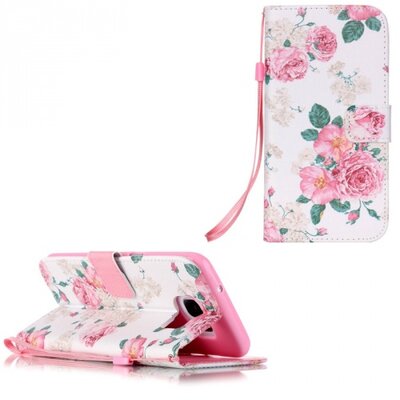 Telefontok álló, bőr hatású (flip, oldalra nyíló, asztali tartó funkció, rózsaszín virágminta) Fehér [Samsung Galaxy S7 EDGE (SM-G935)]