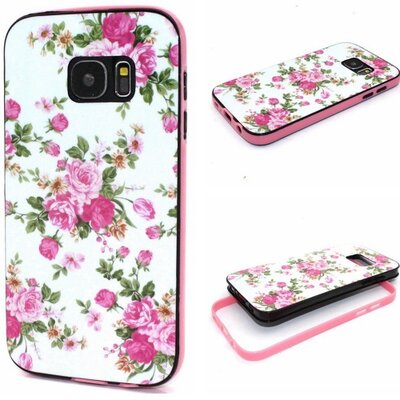 Műanyag hátlapvédő telefontok (szilikon keret, rózsaszín virágminta) Fehér / Rózsaszín [Samsung Galaxy S7 (SM-G930)]