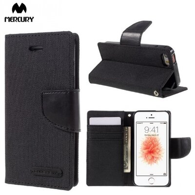 Mercury Canvas Diary Telefontok álló (flip, mágneses, oldalra nyíló, asztali tartó funkció, textil hatás) Fekete [Apple iPhone 5, iPhone 5S, iPhone SE]