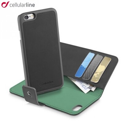 Cellularline COMBOIPH647K COMBO 2in1 Telefontok álló, bőr (FLIP, oldalra nyíló, kivehető műanyag telefontok, mágneses készülék rögzítés) fekete / Zöld [Apple iPhone 6 4.7, Apple iPhone 6S 4.7]