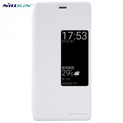 Nillkin Sparkle műanyag telefontok (mikroszálas bőr aktív flip, oldalra nyíló, hívószámkijelzés, View Window) Fehér [Huawei P9]