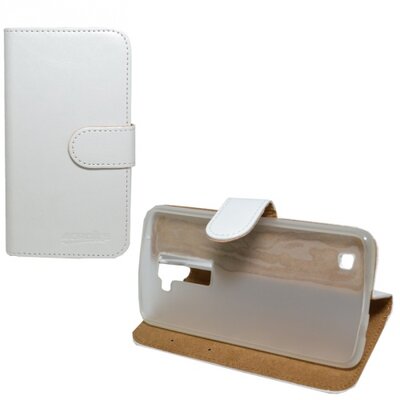 Telefontok álló, bőr hatású (flip, oldalra nyíló, asztali tartó funkció) Fehér [LG K8 (K350n)]