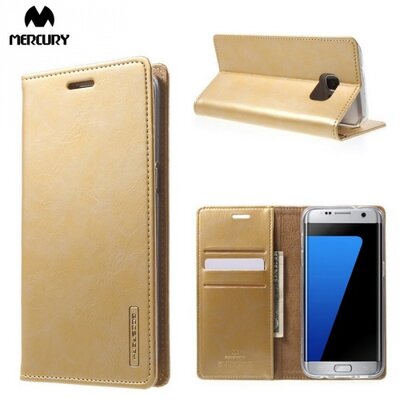 Mercury BLUE MOON FLIP Telefontok álló, bőr (oldalra nyíló, asztali tartó funkció) Fényes Arany [Samsung Galaxy S7 EDGE (SM-G935)]