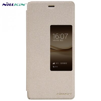 Nillkin Sparkle műanyag telefontok (mikroszálas bőr flip, oldalra nyíló, hívószámkijelzés, View Window) Arany [Huawei P9+ Plus]