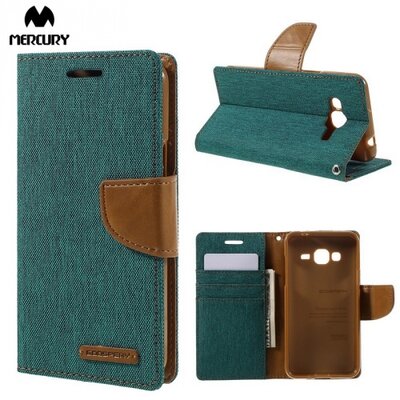 Mercury Canvas Diary Telefontok álló (flip, mágneses, oldalra nyíló, asztali tartó funkció, textil hatás) Zöld [Samsung Galaxy J3 (2016) (SM-J320)]