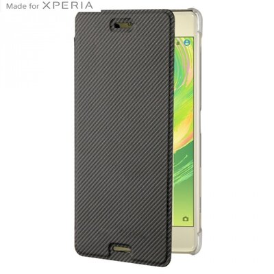 Made for xperia PRE5146B Műanyag telefontok (bőr flip, oldalra nyíló, bankkártya tartó, karbon minta) Fekete [Sony Xperia X (F5121)]