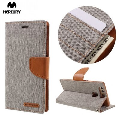 Mercury Canvas Diary Telefontok álló (flip, mágneses, oldalra nyíló, asztali tartó funkció, textil hatás) Szürke [Huawei P9]